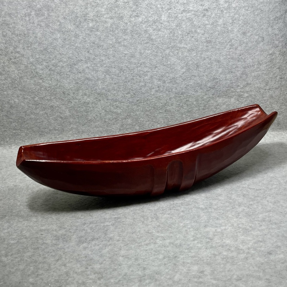 Hand Carved‎ Wooden Canoe Bowl Centerpiece Dark Cherry Stain Maker Mark Decor
